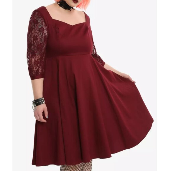 Hot Topic Dresses & Skirts - Hearts & Roses Burgundy Lace Sleeve Retro Swing Dress 2 2X 18 20
